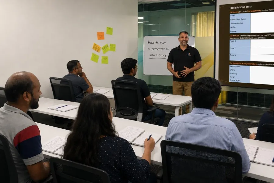 Presentation skills trainer teaching a workshop group seated at desks