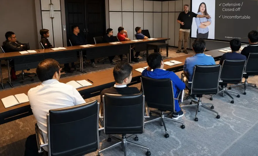 Workshop participants at desks as the trainer discusses closed-off body language on screen