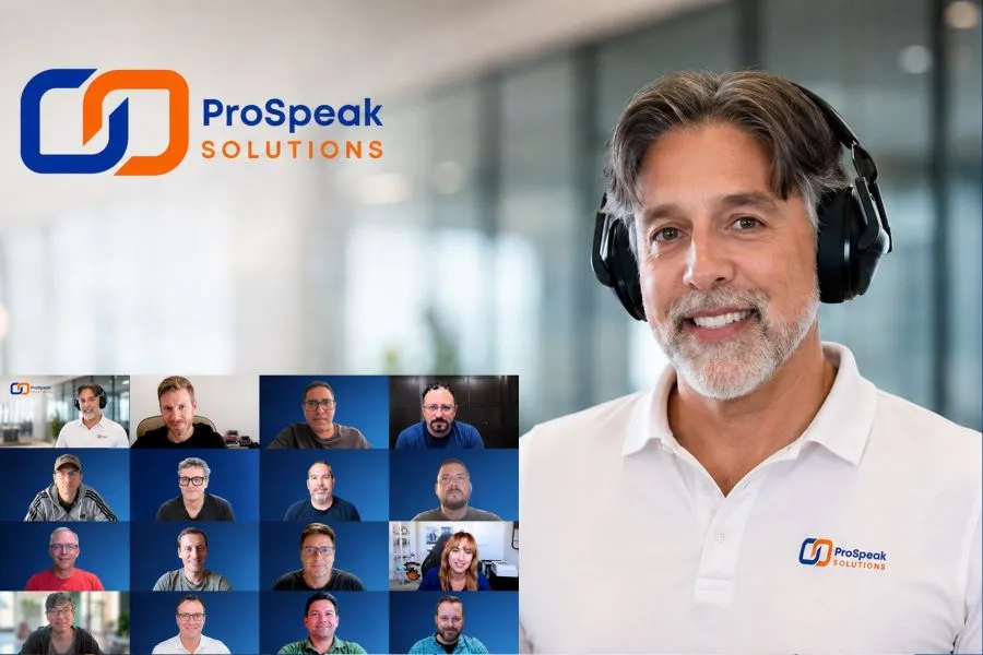 Trainer with a headset leading a virtual workshop, with remote participants on a video call